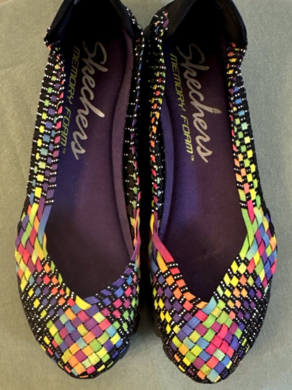 SKECHERS Memory Foam Slip-On Flats Woven Lightweight Neon Multicolor Women 9.5
